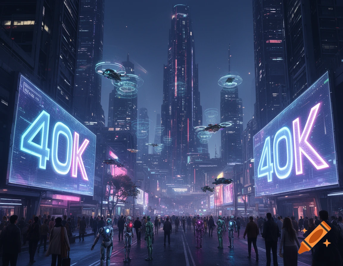 A vibrant, futuristic city street at night, with towering skyscrapers, flying vehicles, crowds of people and robots, and large glowing signs displaying '40K'.