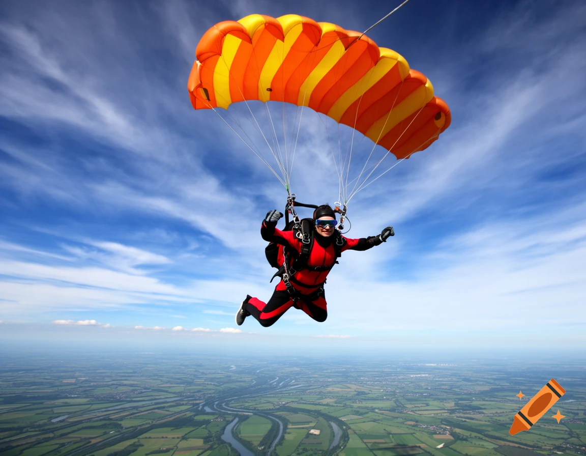 A person in a red jumpsuit skydiving with an orange and yellow parachute over a green landscape with rivers.