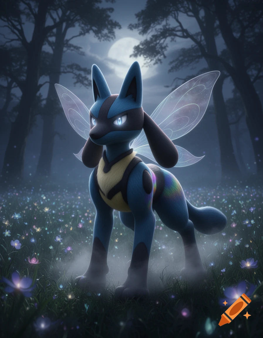 A blue Lucario with glowing fairy wings stands in a mystical, moonlit forest amidst glowing flowers.