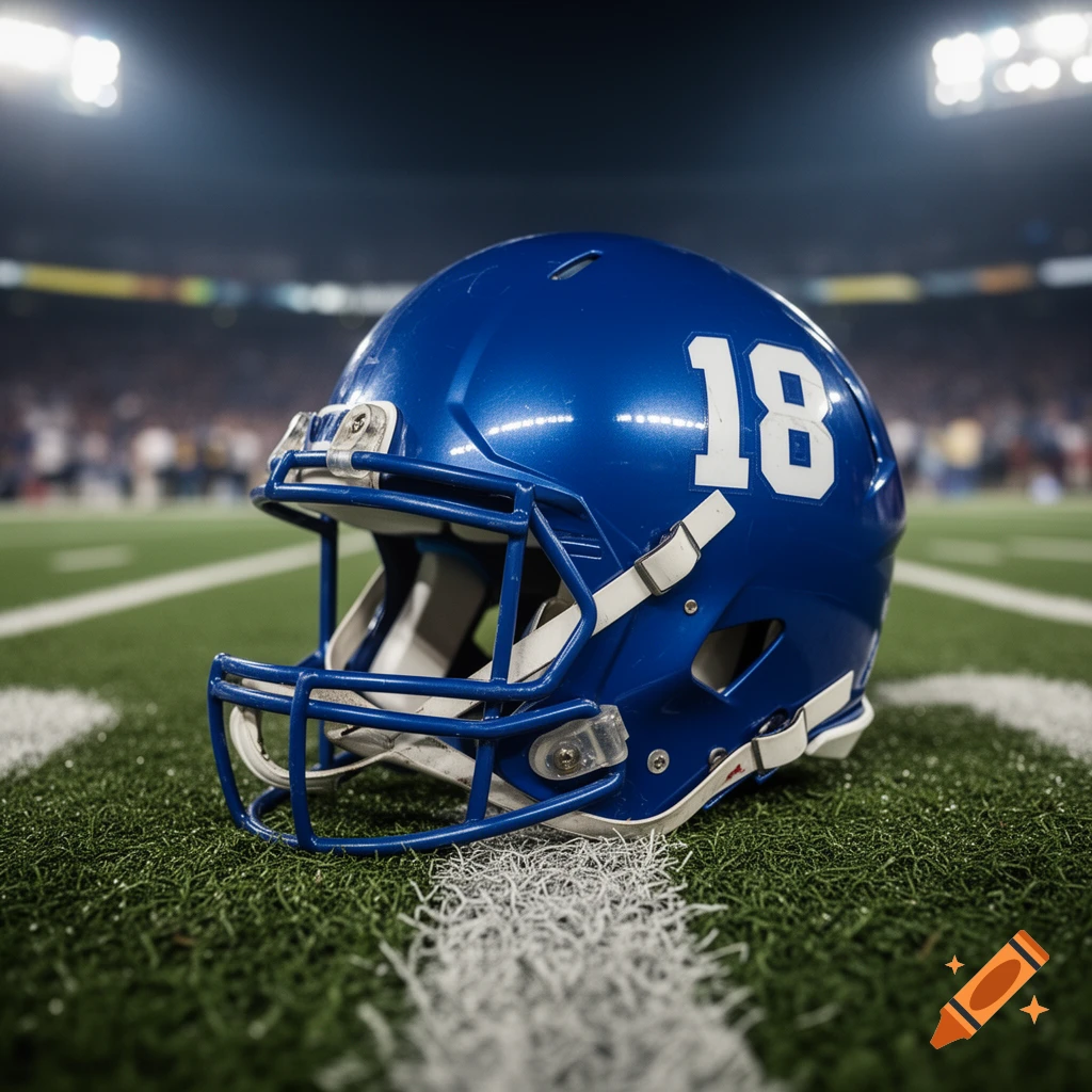 A blue American football helmet with the number 18 rests on a green football field at night under stadium lights, photorealistic.