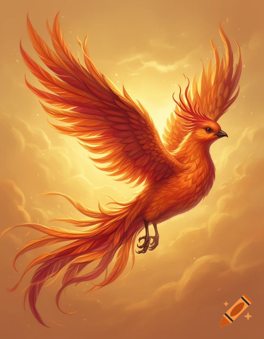 A vibrant orange and red phoenix with fiery feather tips flies against a glowing golden sky with clouds.