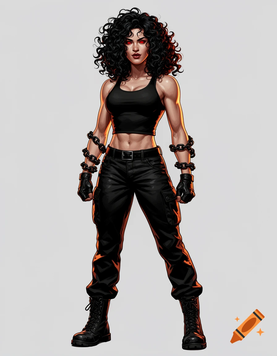 A full-body comic art illustration of an athletic woman with black curly hair, red eyes, in a black tank top, combat pants, boots, and chains on her arms.