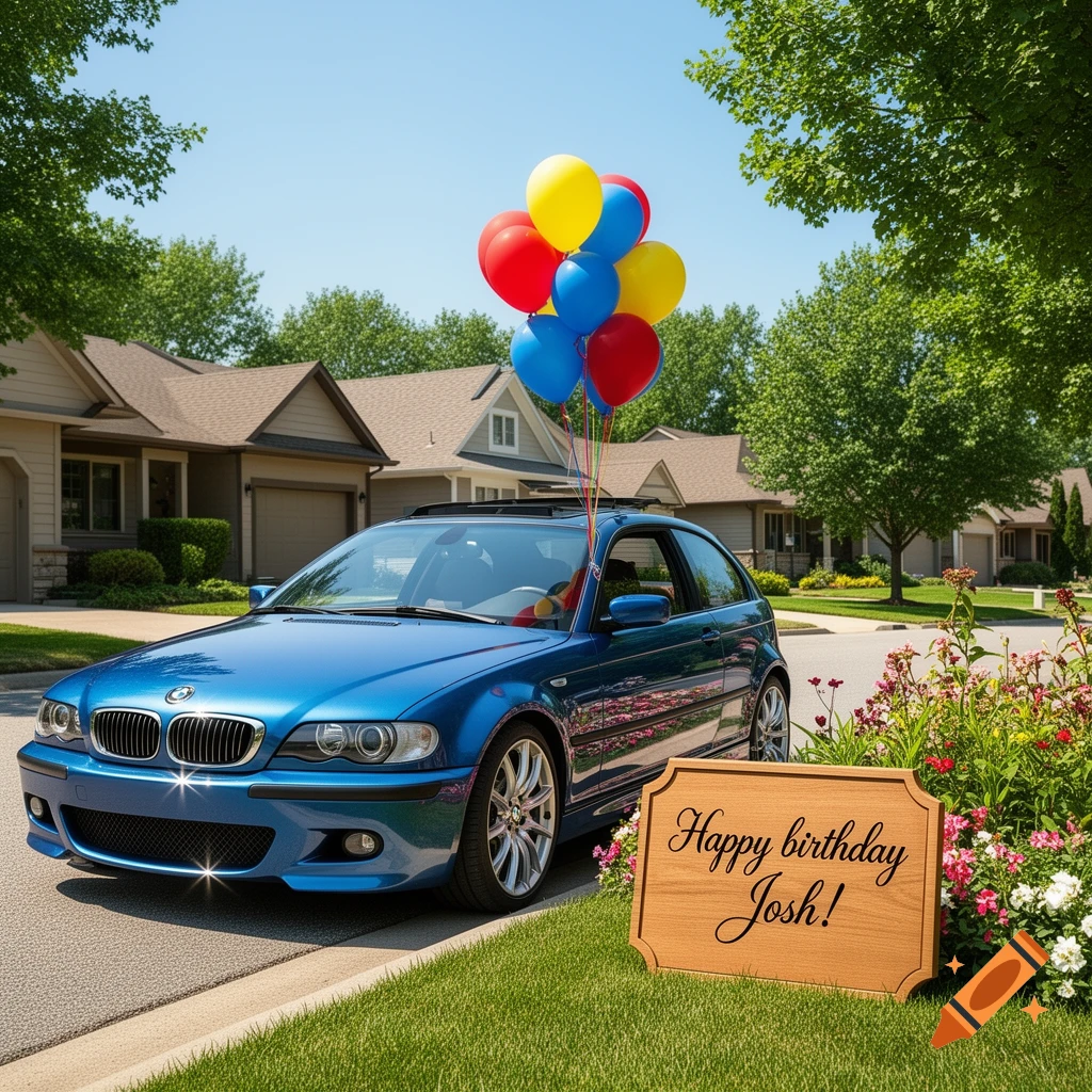 A photorealistic image of a blue BMW car with colorful balloons, parked on a suburban street next to a 'Happy birthday Josh!' sign.