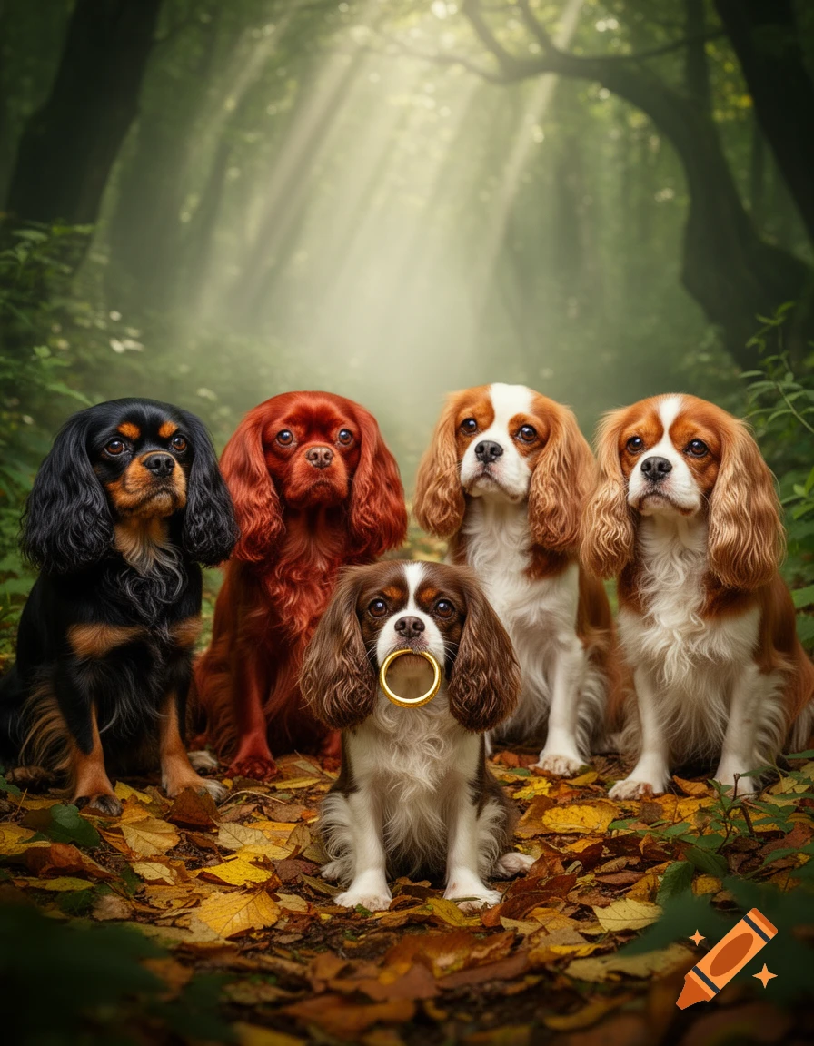 Five photorealistic Cavalier King Charles Spaniel dogs sit among autumn leaves in a sunlit forest, one holding a golden ring.