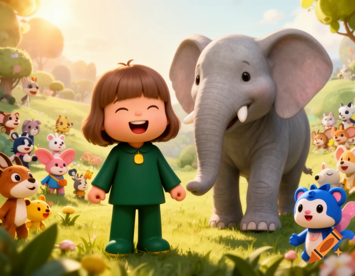 A happy cartoon girl in a green outfit stands with a large gray elephant and many small animals in a sunny, grassy field.