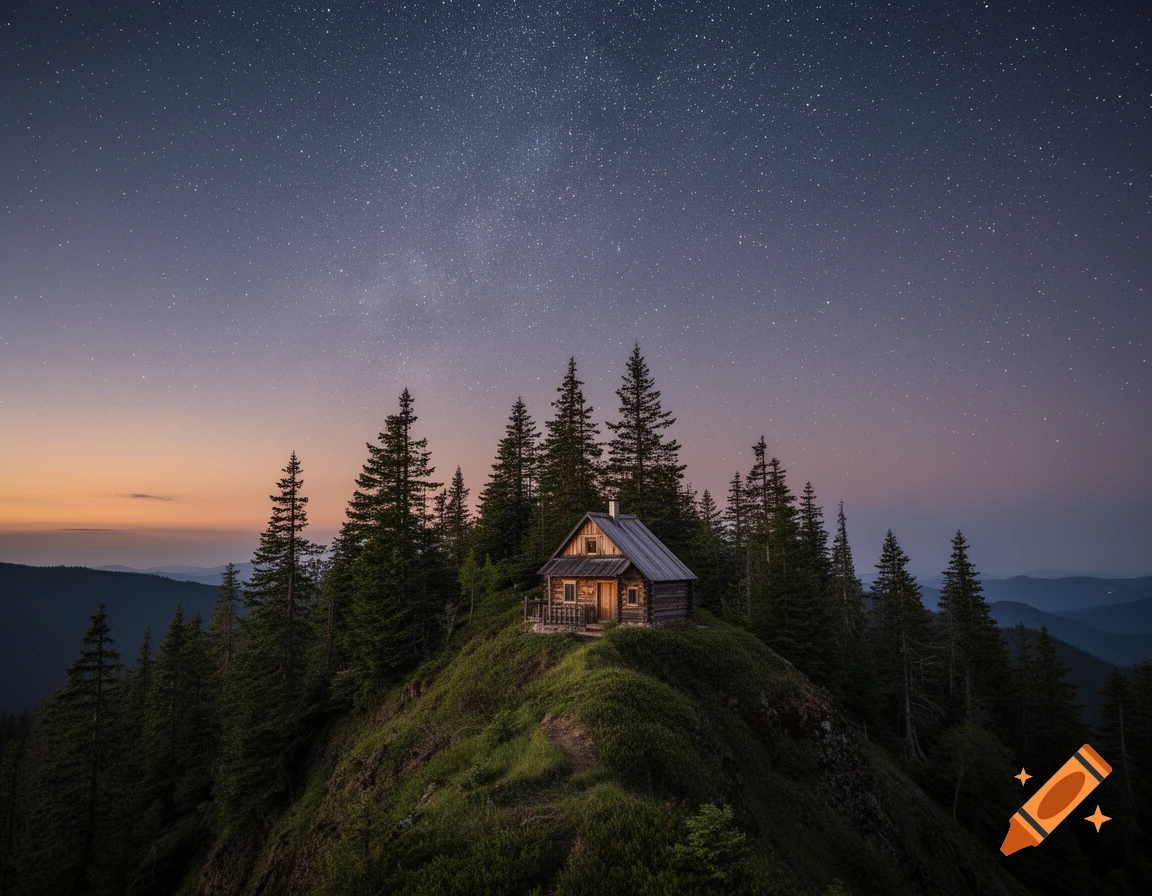 A rustic wooden cabin nestled on a grassy mountain peak surrounded by pine trees under a clear, starry night sky at twilight.