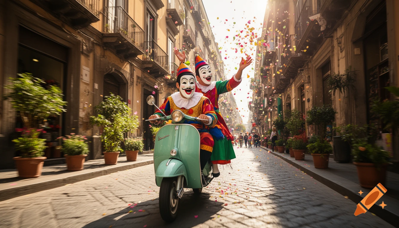 Two Pulcinella characters in colorful costumes ride a vintage green Vespa scooter down a sunny Italian street, scattering flower petals.