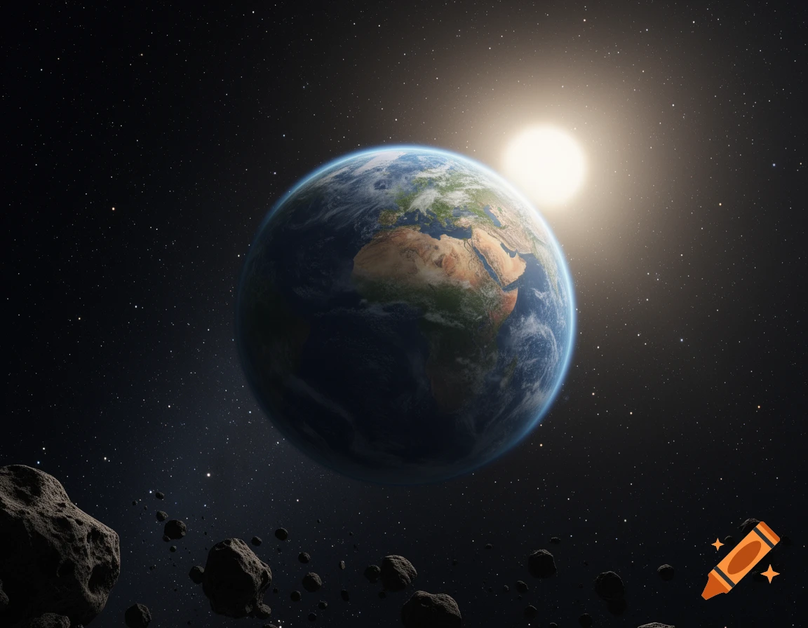 Photorealistic image of Earth in space, illuminated by a bright sun, with scattered asteroids and stars.