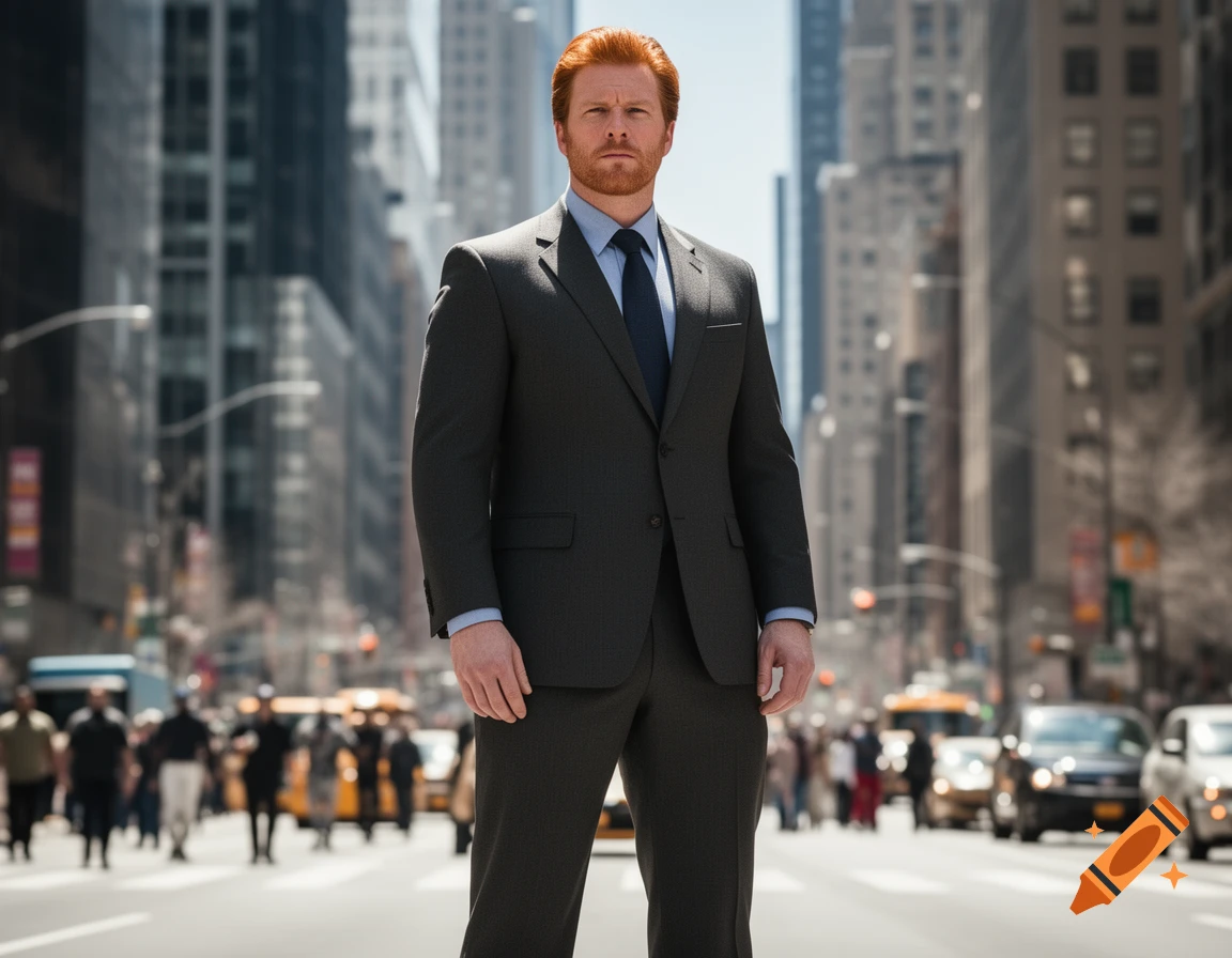 A confident man with red hair and a beard in a suit stands in the middle of a bustling city street with tall buildings.
