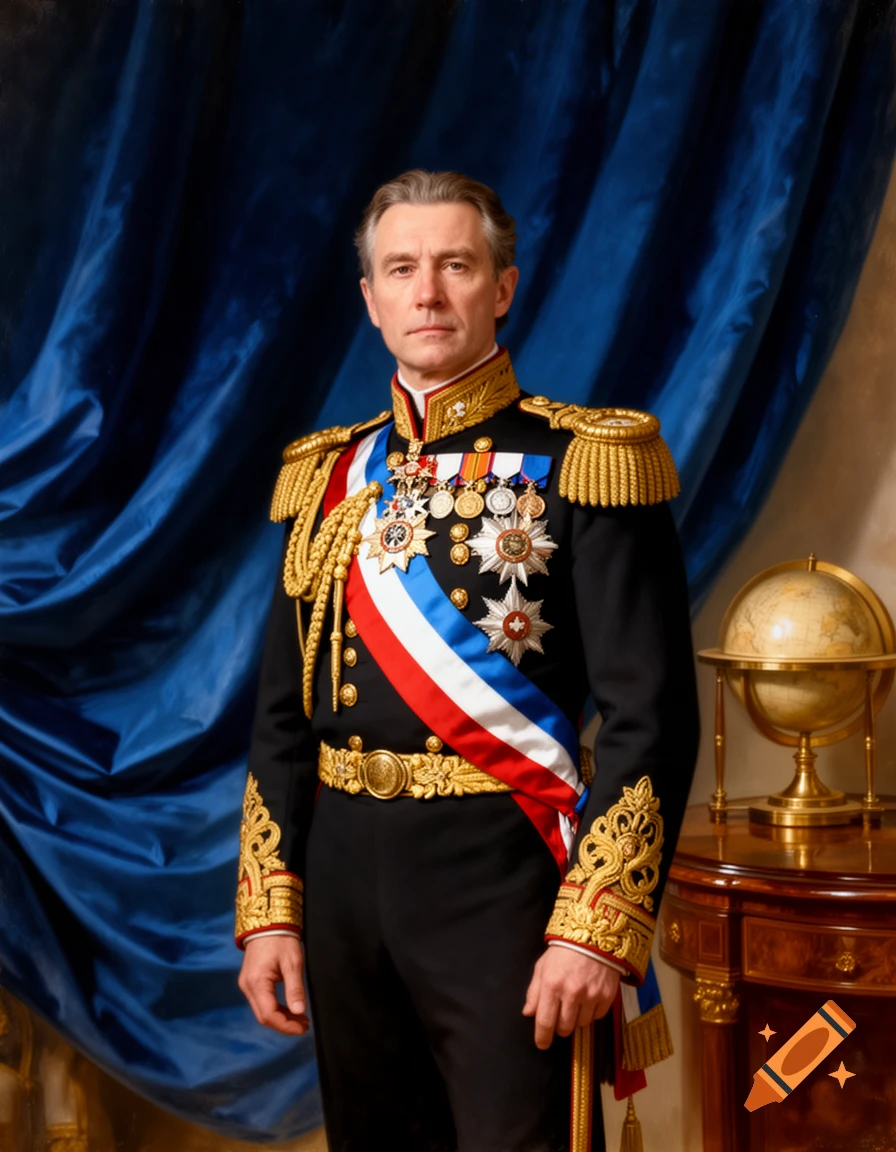 A man in an elaborate black and gold military uniform with medals and a red, white, and blue sash stands for a formal portrait.