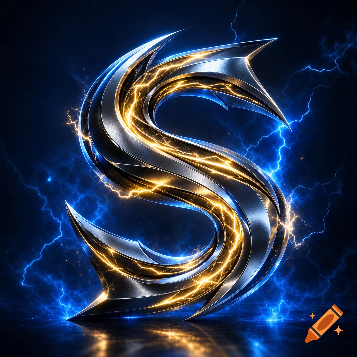 Stylized metallic letter S crackling with golden lightning against a dark blue background with electric sparks and reflections.