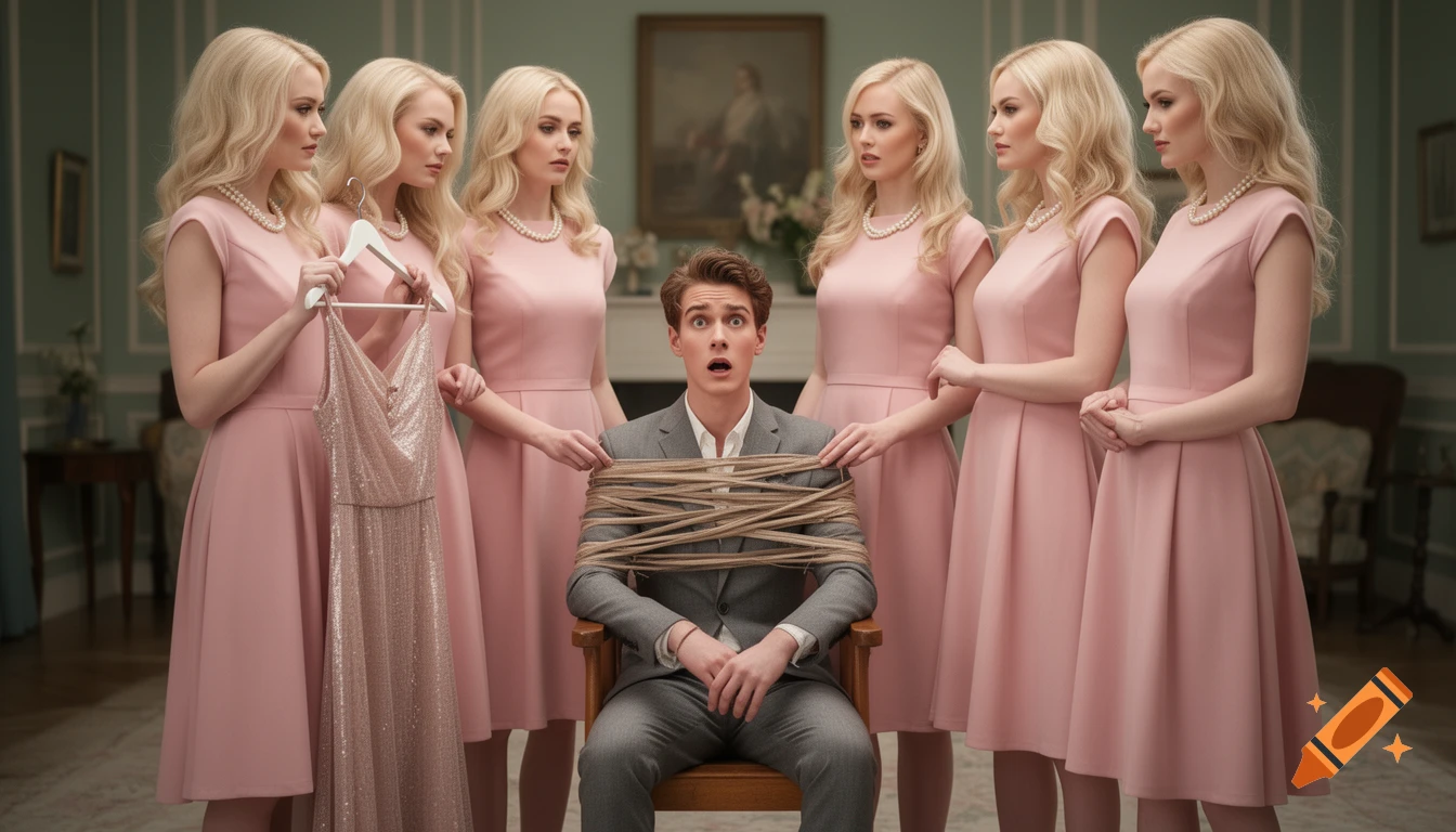 A man tied to a chair with a shocked expression, surrounded by six blonde women in pink dresses; one holds a shimmering dress. Photorealistic.