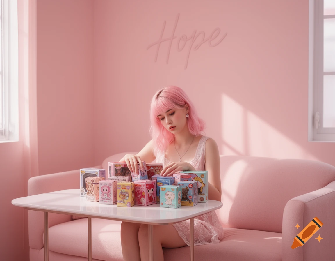 A young woman with pink hair sits on a pink couch, reviewing various blind boxes on a white table in a pink room with the word "Hope" on the wall, in a photorealistic style.