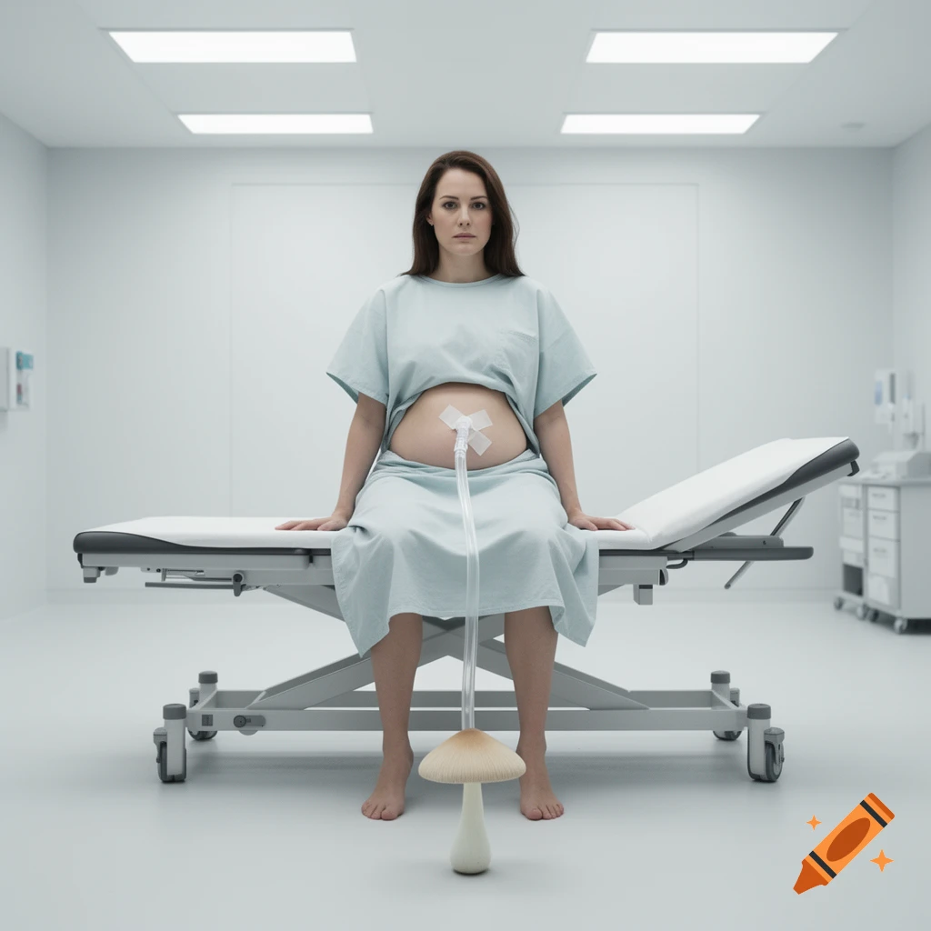 A pregnant woman in a hospital gown sits on an examination table with a tube from her belly button connected to a mushroom on the floor in a sterile room, photorealistic.