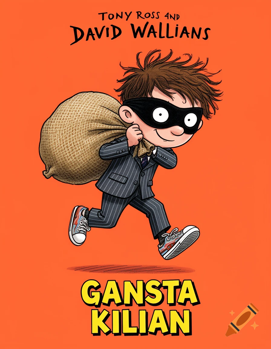 Vibrant cartoon book cover of a boy in a pinstripe suit and thief mask carrying a sack. Text: "GANSTA KILIAN".
