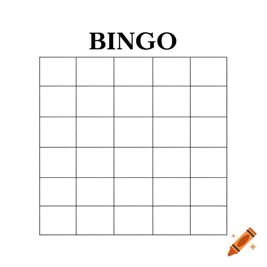 A blank white bingo card template featuring a 5x5 grid and the word BINGO prominently displayed at the top.