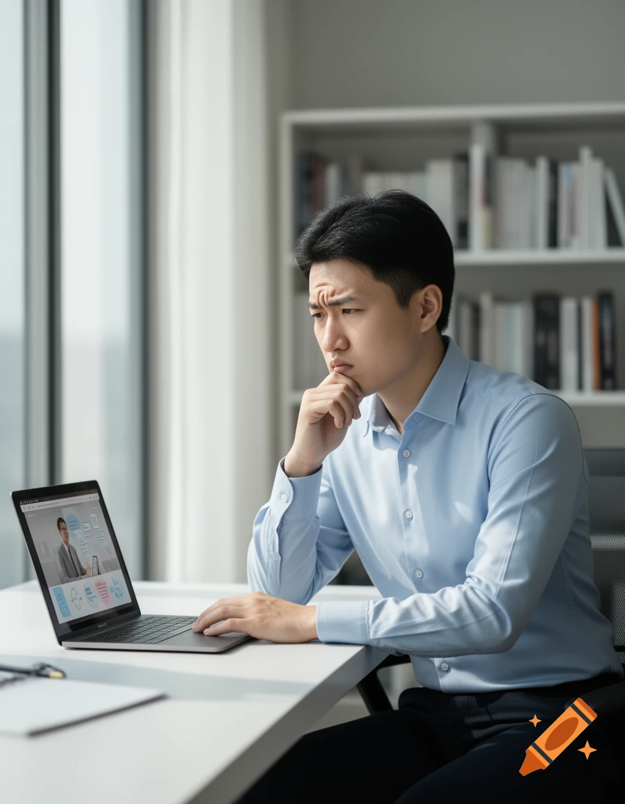 A man with a thoughtful expression sits at a desk, looking at a laptop in an office.