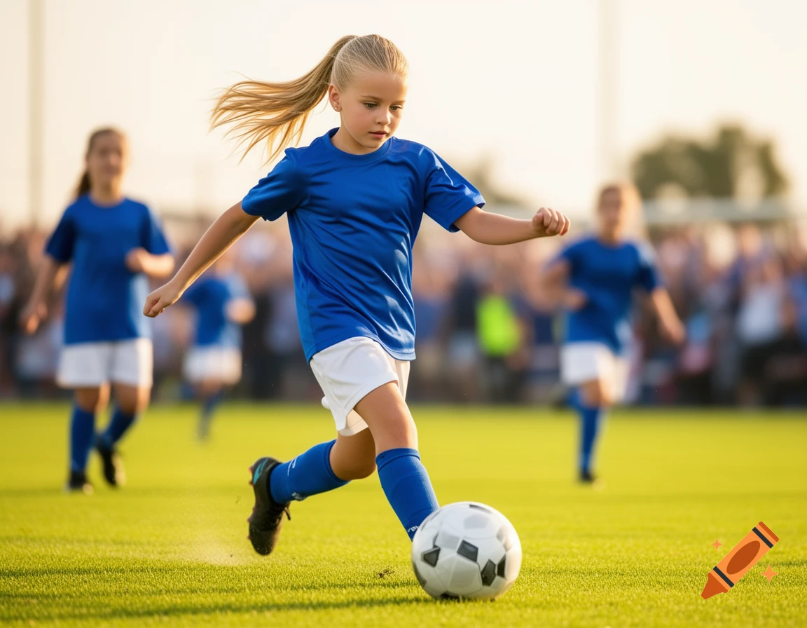 A blonde girl in a blue jersey kicking a soccer ball on a sunny field with other players in the background.