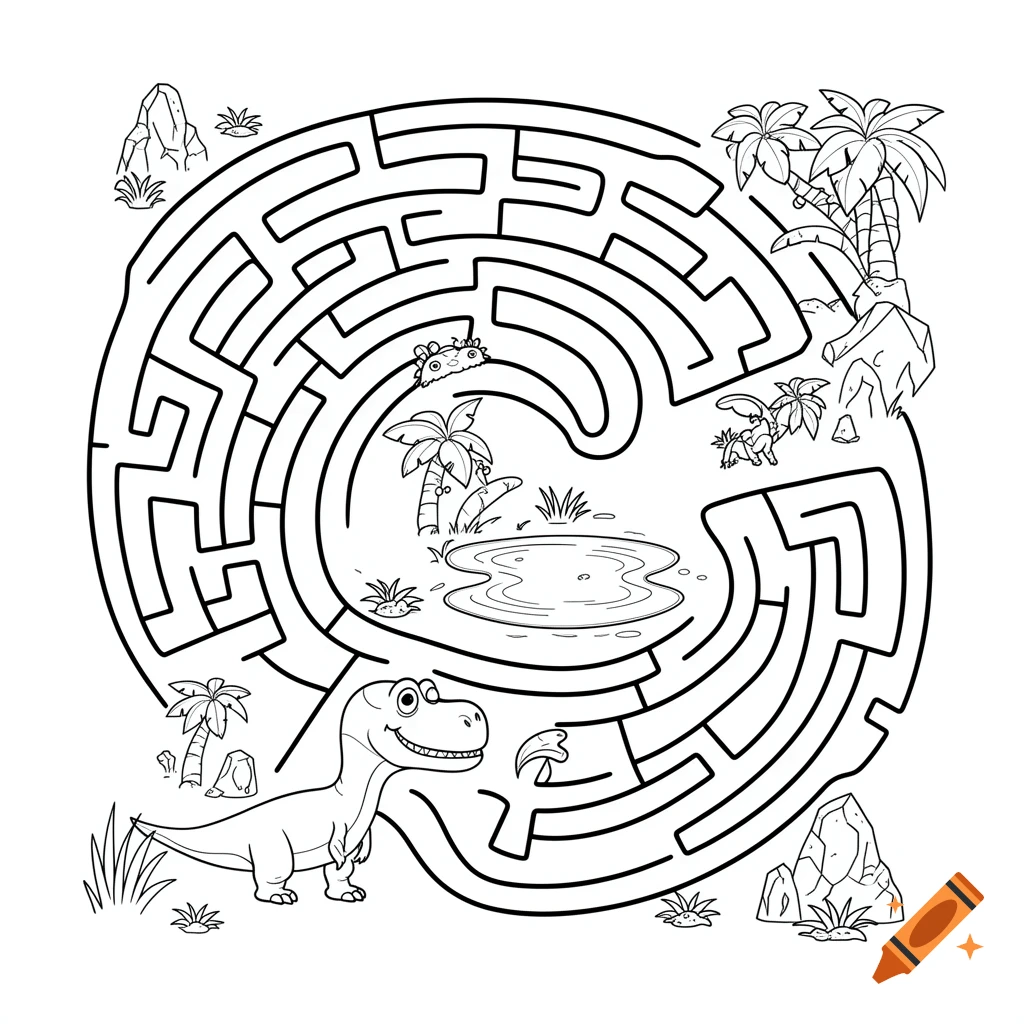 Black and white line art cartoon maze with a smiling dinosaur at the start, navigating a jungle path to a small lake.