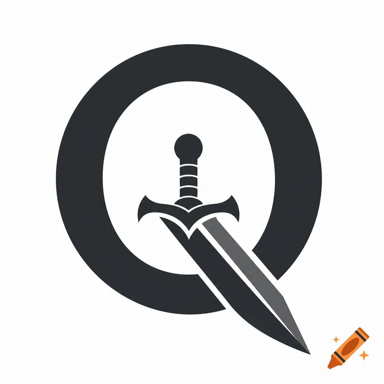 A stylized black and gray logo of the letter Q, with a sword forming the diagonal line.