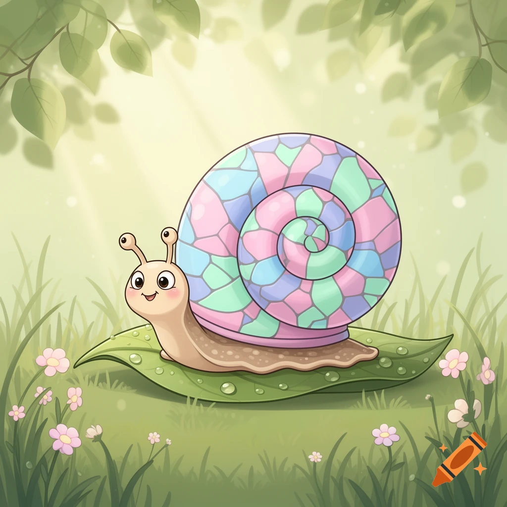 A cute cartoon snail with a colorful geometric shell on a dewy leaf, surrounded by green grass and pink flowers in a sunny nature setting.