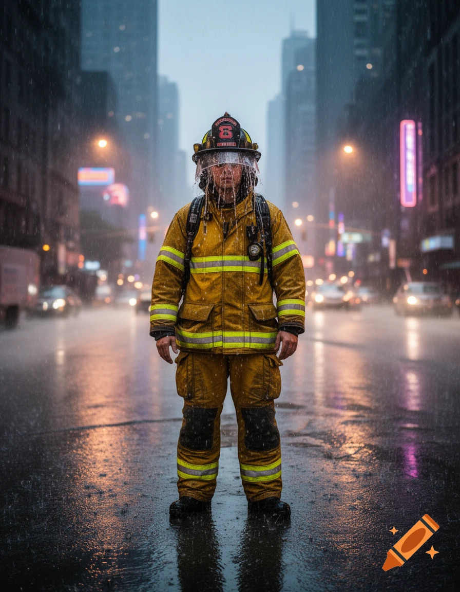 A photorealistic firefighter in yellow gear stands in a rainy city street at night, with blurry city lights and traffic.
