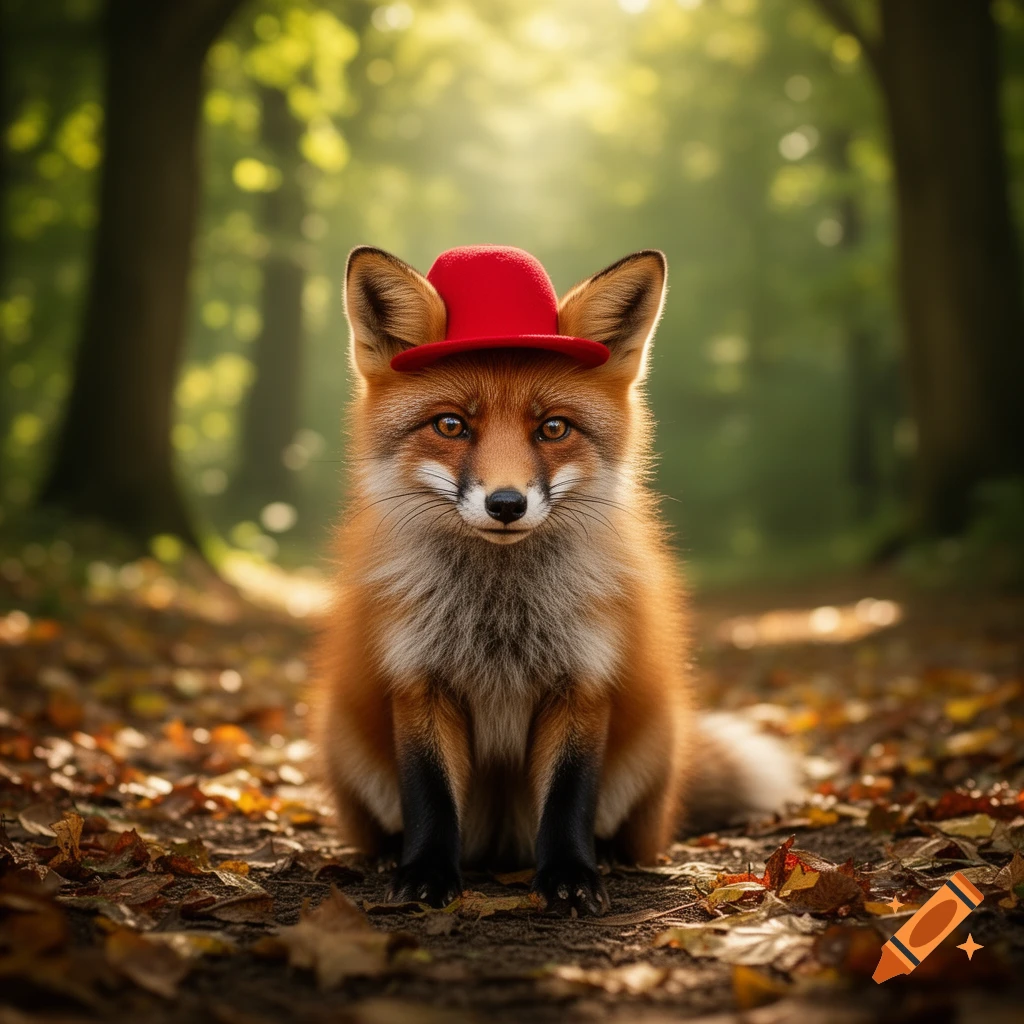 A cute, photorealistic fox wearing a red hat sits on a path covered in leaves in a sunlit forest.