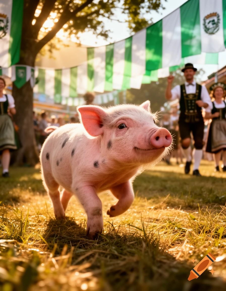A cute spotted piglet walks through sunlit grass at a lively Bavarian festival, with people in traditional attire and green and white flags in the background.