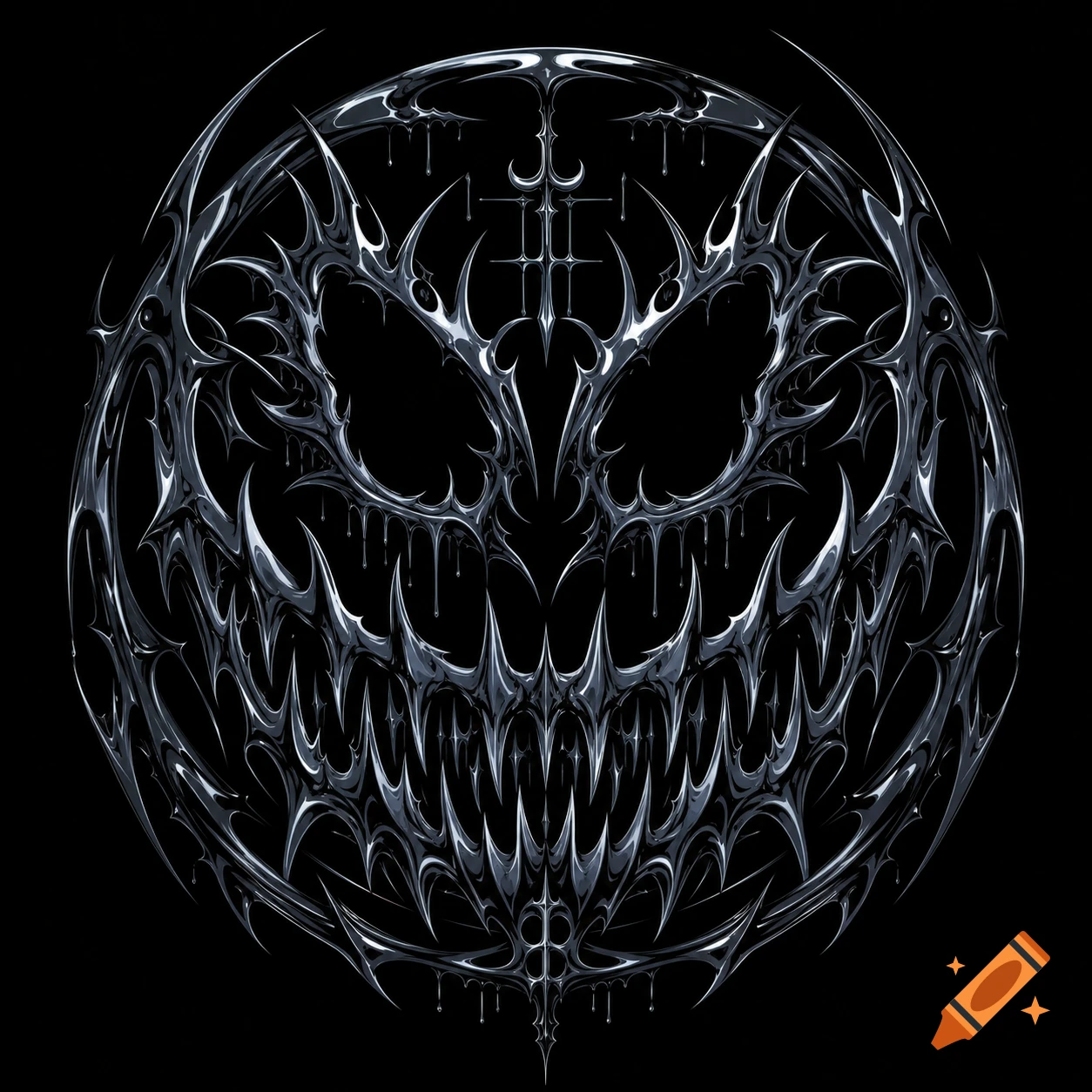 A terrifying, highly detailed, metallic cyber-sigilism smiley face with sharp thorns, aggressive eyes, and a malicious grin, on a black background.