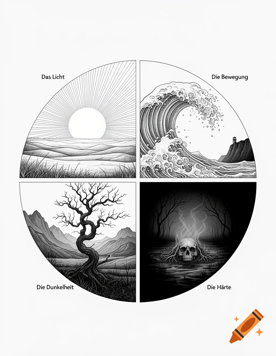 A four-panel black and white illustration in a circular frame, featuring the sun over waves, a large crashing wave, a gnarled tree, and a skull in a swamp, each labeled in German.