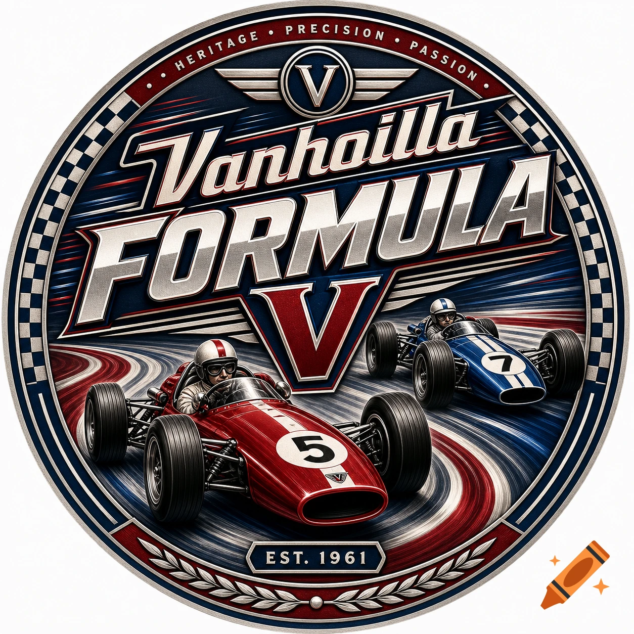 Vintage racing logo featuring a red and blue Formula V race car on a track, with text 'Vanhoilla FORMULA V' and 'EST. 1961'.