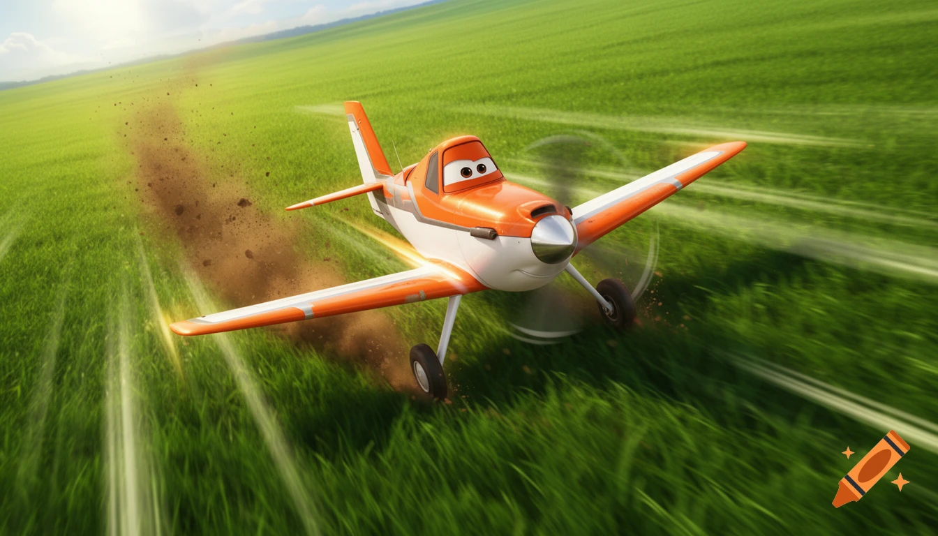 A vibrant cartoon airplane, Dusty Crophopper, races low over a green field, kicking up a trail of dirt.