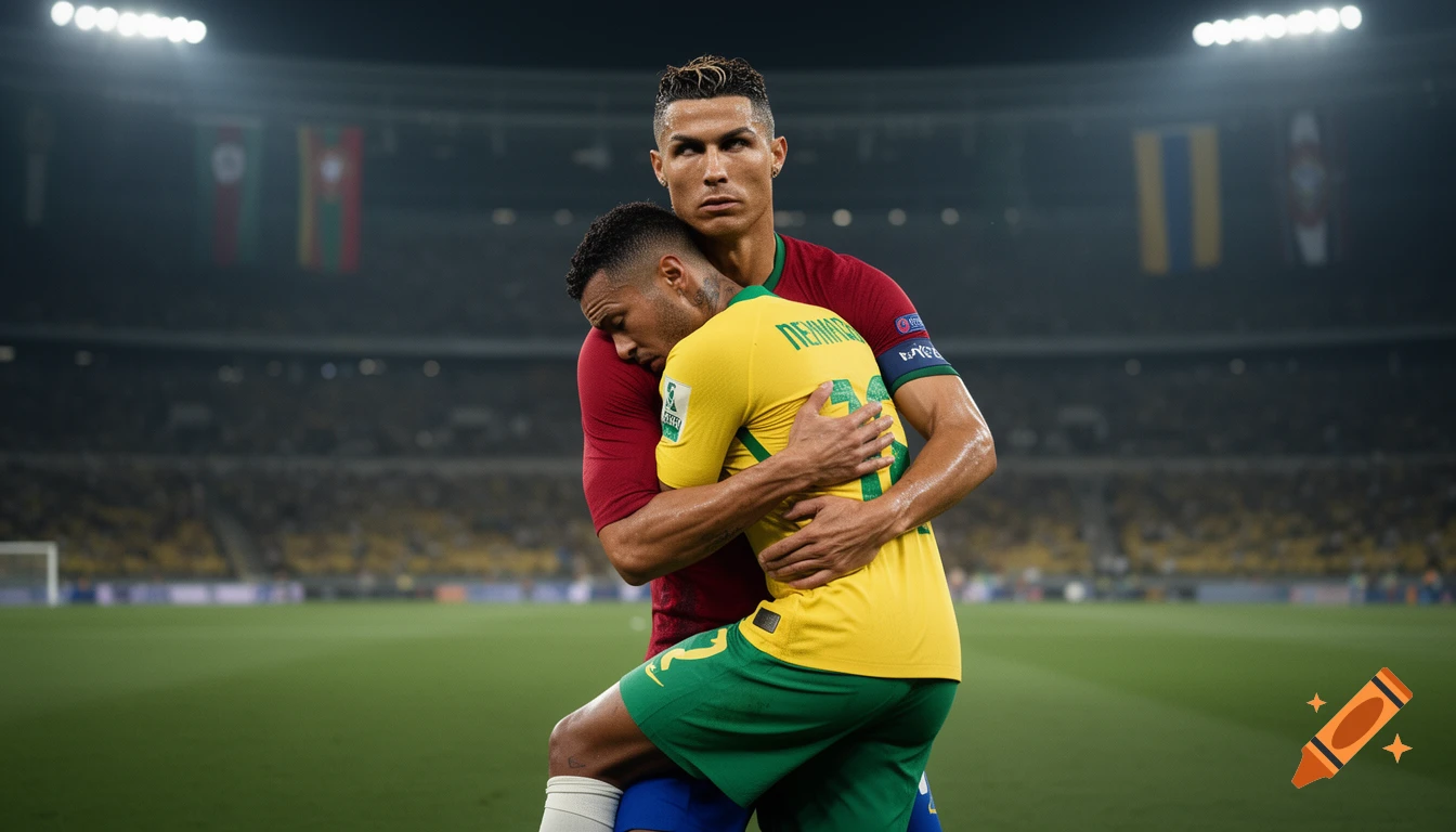 Photorealistic image of Cristiano Ronaldo in a red jersey hugging and comforting a weeping Neymar in a yellow jersey on a soccer field at night.