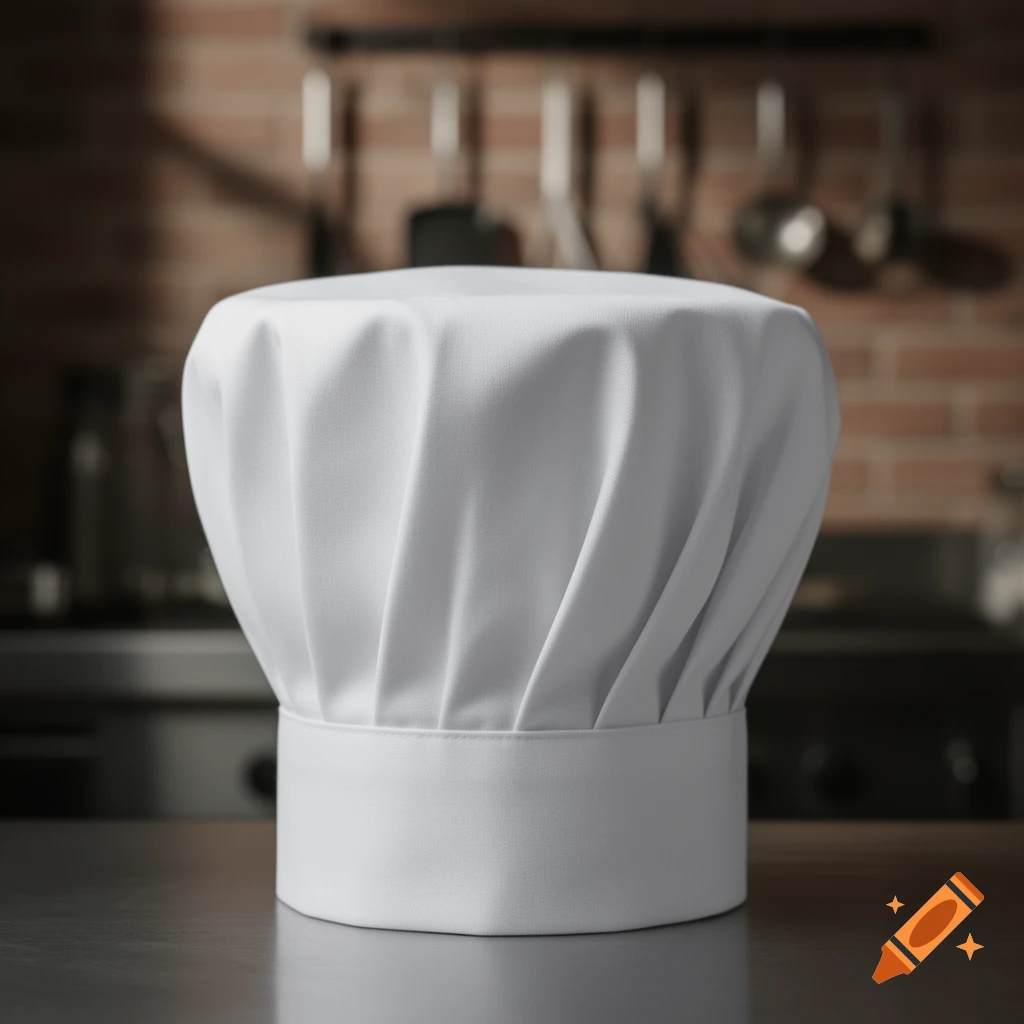 A pristine white chef's hat rests on a metallic counter in a softly blurred kitchen setting.