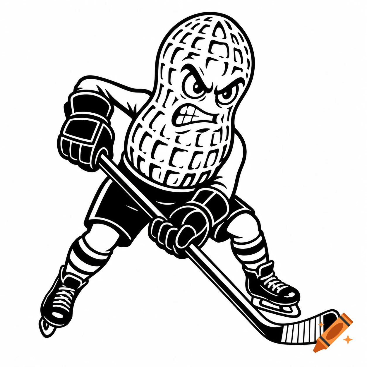Angry peanut character in hockey gear with a stick and skates, drawn in a black and white cartoon mascot style.