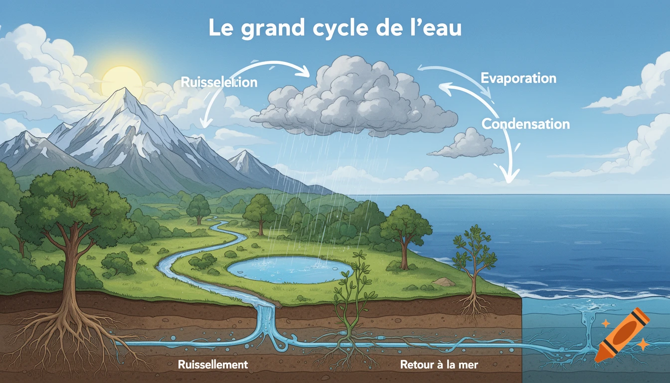 A detailed illustration of the water cycle in a landscape with mountains, a valley, lake, stream, and ocean. Shows evaporation, condensation, precipitation, surface runoff, and underground water flow.