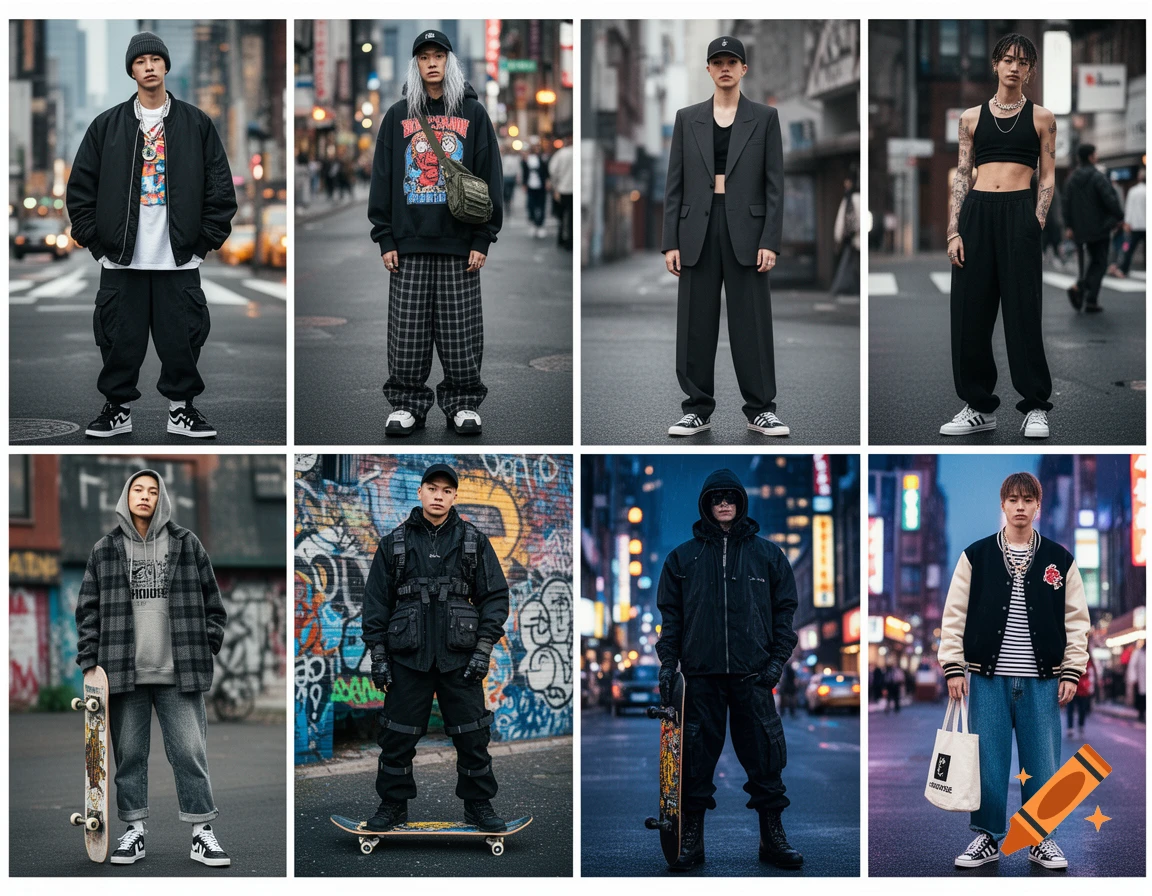 Eight full-body portraits of individuals modeling various high-fashion streetwear outfits in urban settings, featuring bomber jackets, hoodies, blazers, and skateboards.