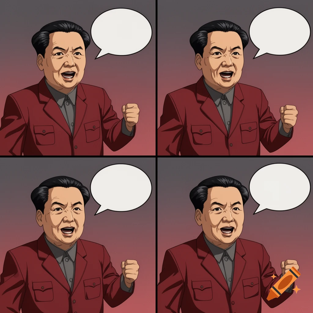 Four-panel anime drawing of a man resembling Mao Zedong with an angry expression, raised fist, and an empty speech bubble.