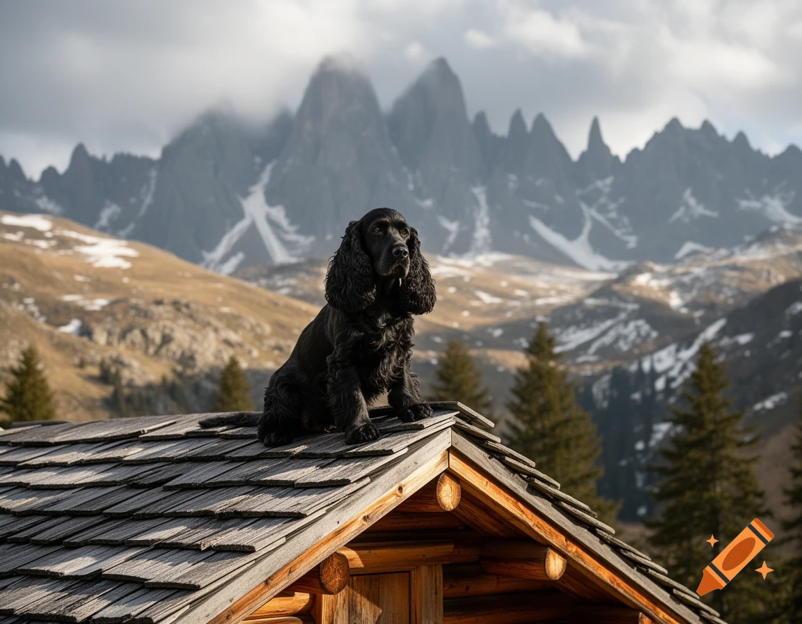 A photorealistic image of a black Cocker Spaniel dog sitting on the wooden shingle roof of a log cabin with snow-dusted mountains and a cloudy sky in the background.