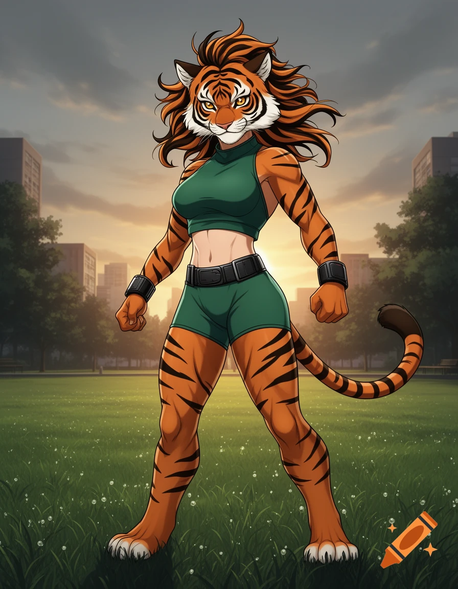 Anime furry tiger woman in a green crop top and shorts stands in a park with buildings in the background.