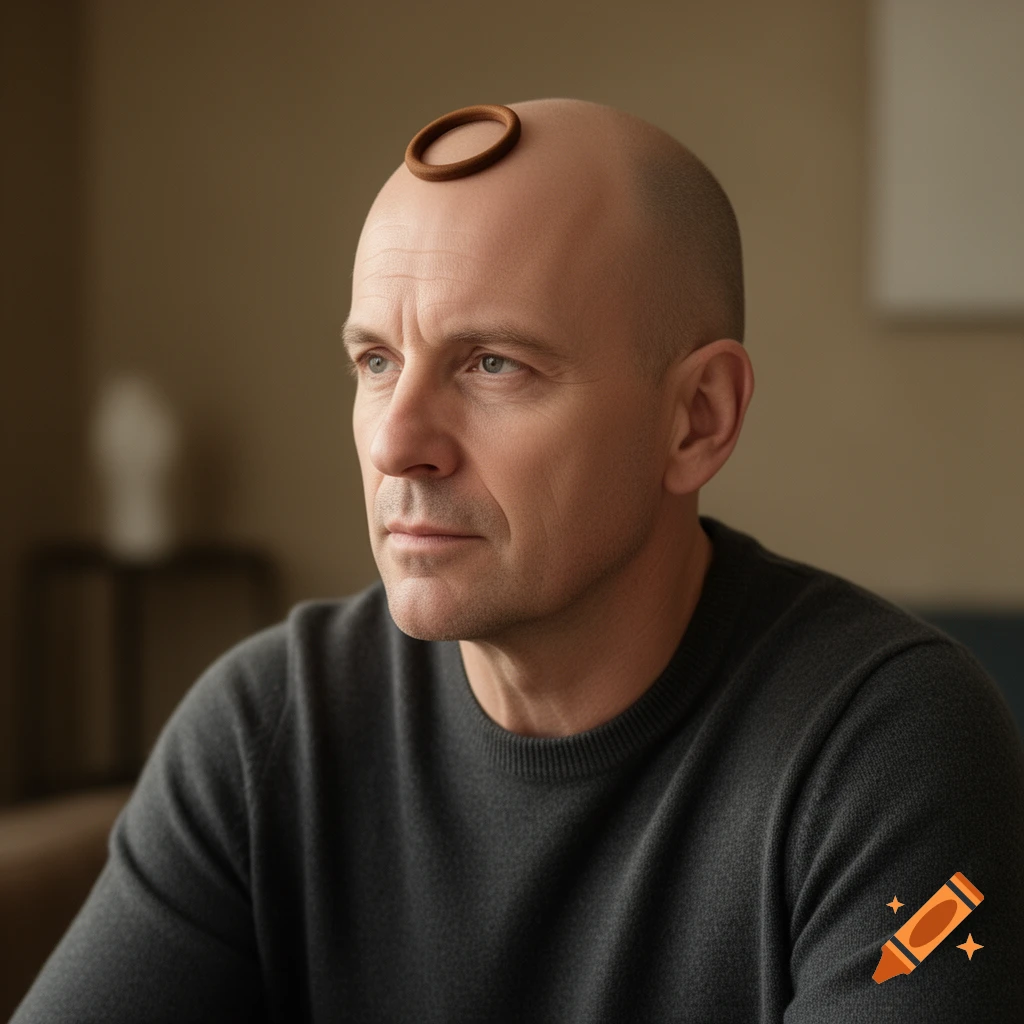 A bald man in a dark sweater has a brown ring resting on his head, looking to the side in a photorealistic style.