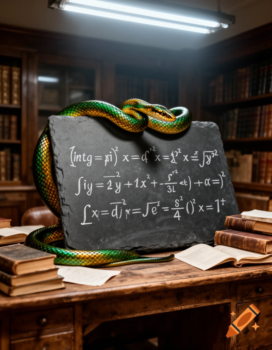 A vibrant green and gold snake coiled around a slate blackboard covered in mathematical equations, set on a wooden desk in a dimly lit library.