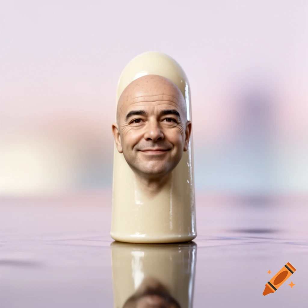 A photorealistic image of Gianni Infantino's bald head emerging from a large, cream-colored suppository, reflecting on a surface.