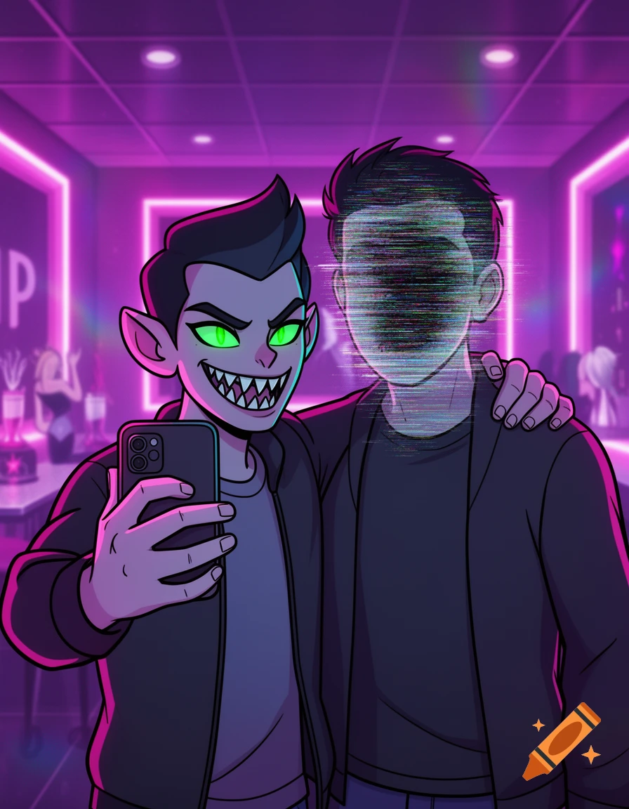 Cartoon demon-like character with sharp teeth and green eyes taking a selfie with a friend whose face is glitched with static in a neon-lit VIP room.