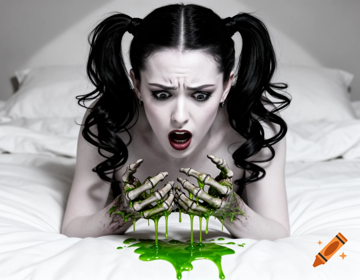 A pale woman with black twintails, wide-eyed in shock, watches her hands transform into skeletal bones dripping green slime onto a white bed.