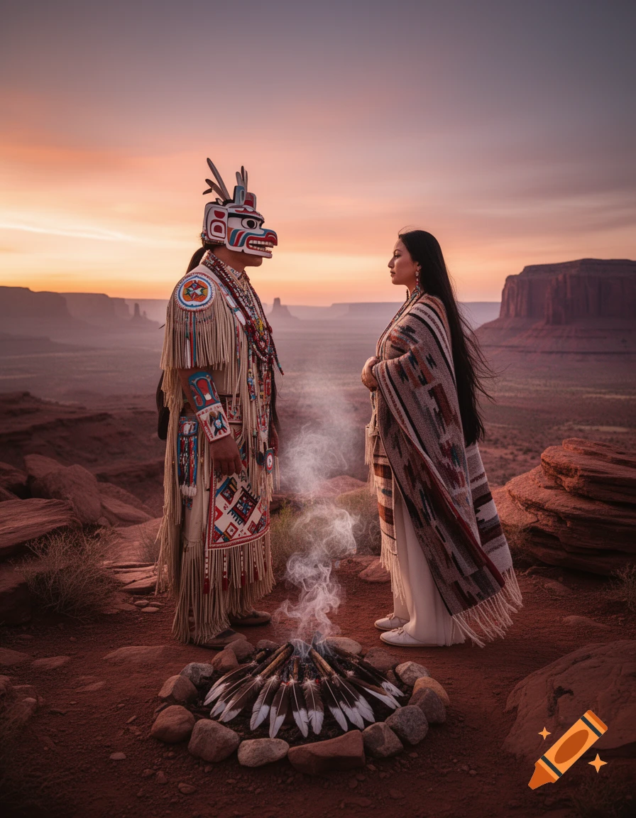 Two figures in elaborate traditional Native American attire stand facing each other over a small ceremonial fire at sunset in a vast desert landscape.