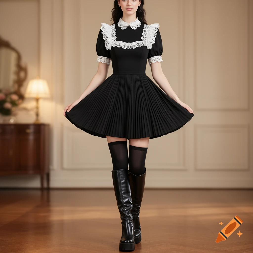 A woman in a black French maid-style dress with white lace, black stockings, and platform boots stands in an elegant room.