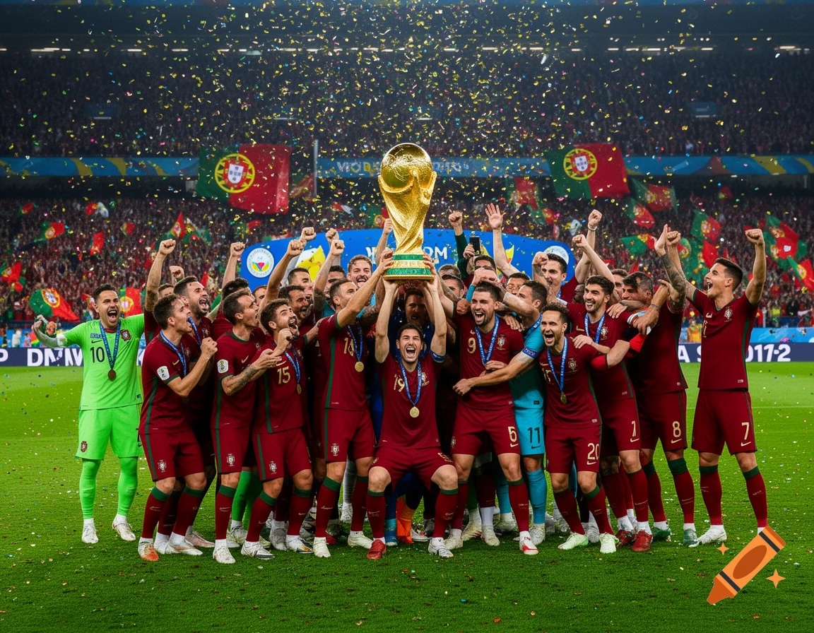 The Portugal men's national soccer team, in red and green uniforms, joyfully hoists the golden World Cup trophy amidst confetti.