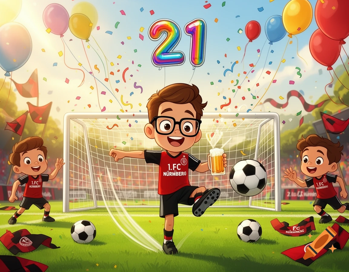 A cartoon boy wearing a red 1. FC Nürnberg jersey and glasses celebrates his 21st birthday on a soccer field, kicking a ball while holding a beer. Confetti, balloons, and other children are around him.