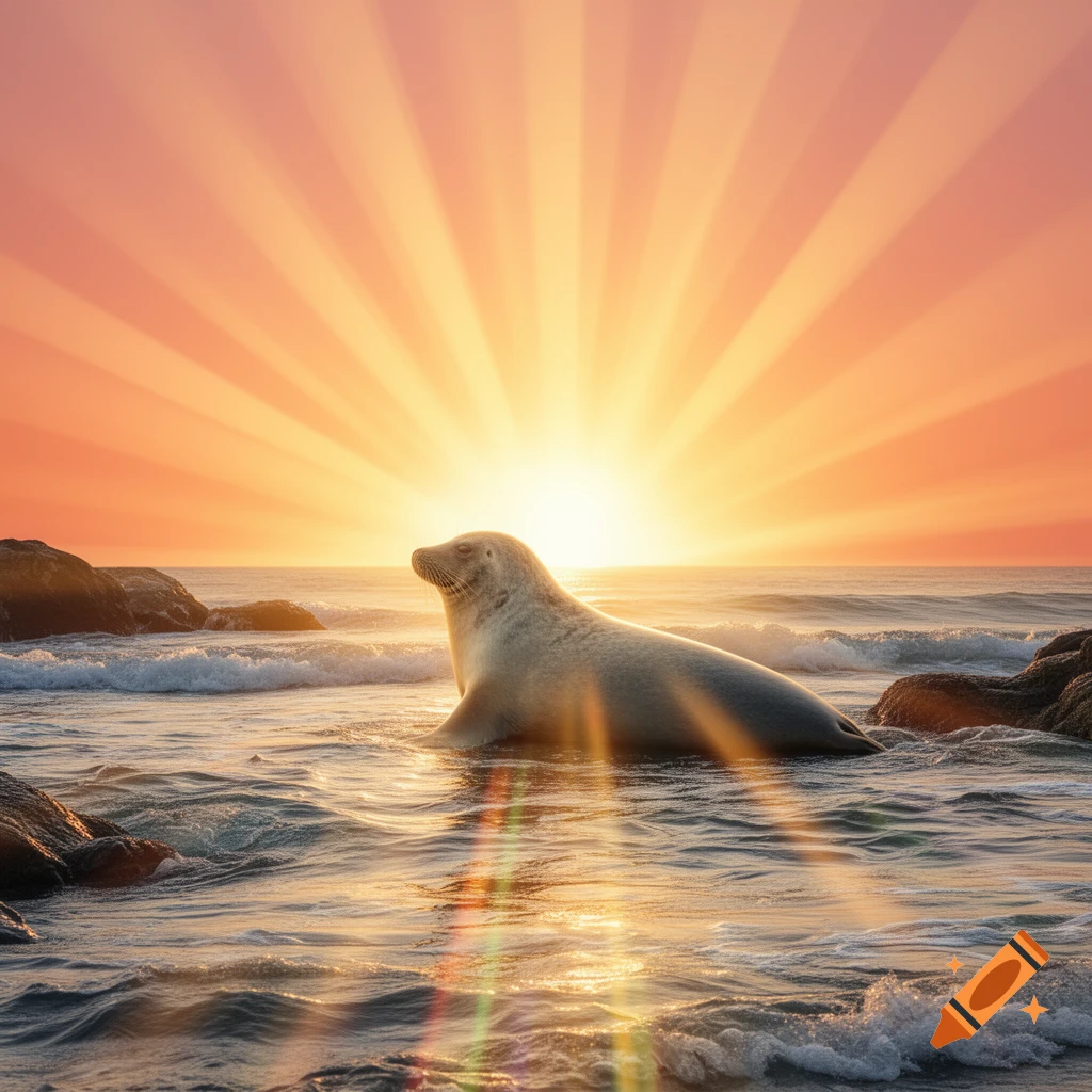 A photorealistic image of a seal in shallow ocean water at sunset, with golden sun rays radiating across the sky.